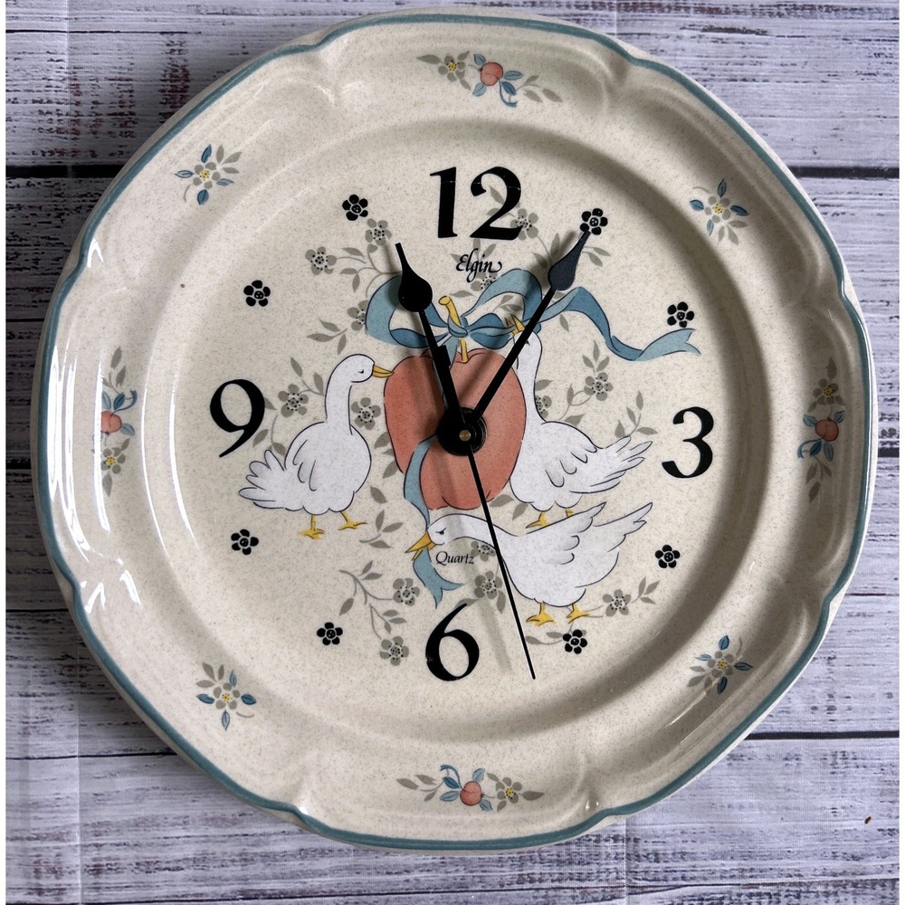 Vtg Country Geese Wall Clock Plate Quartz Blue Farmhouse international Marmalade